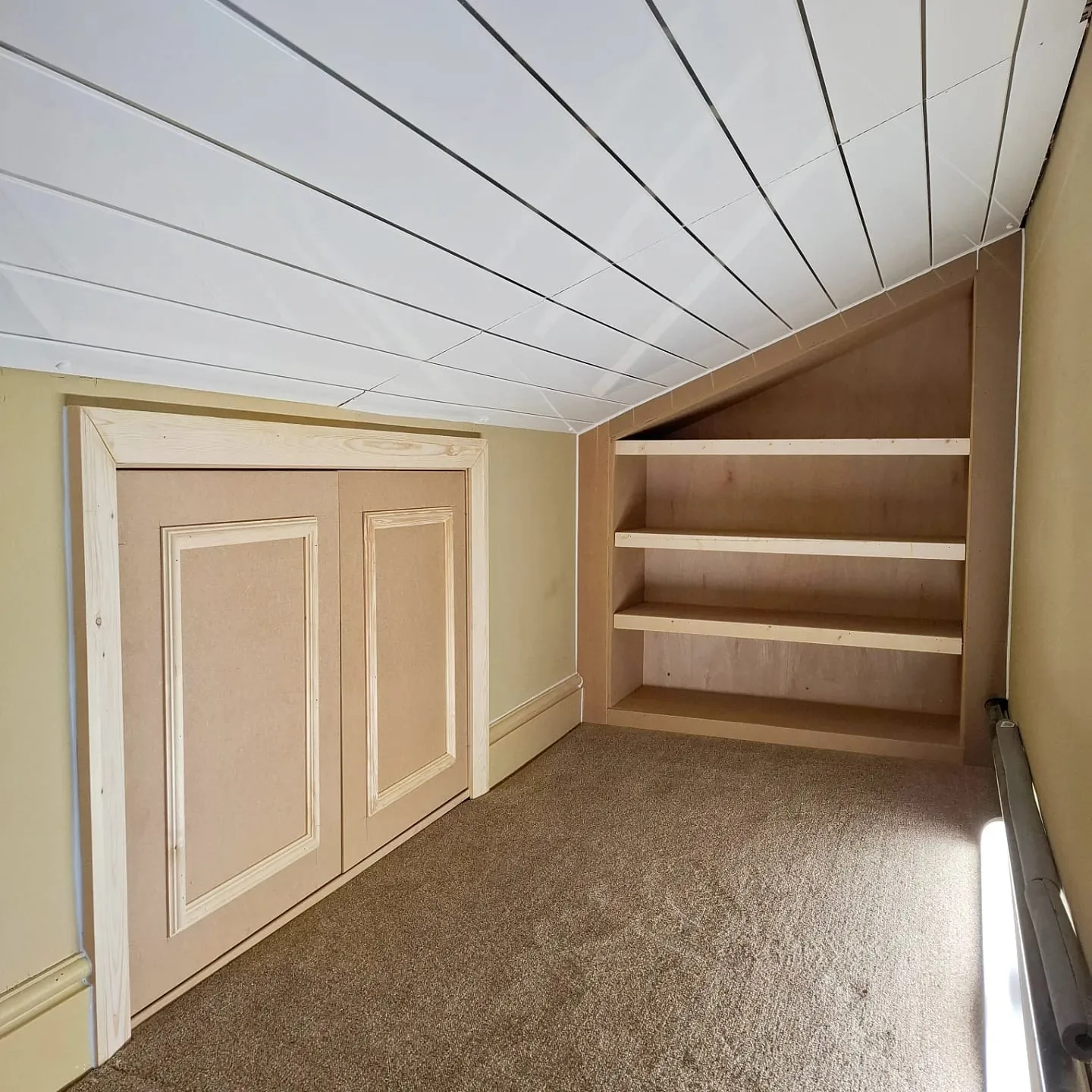 Panelled eaves doors and shelving in a loft room